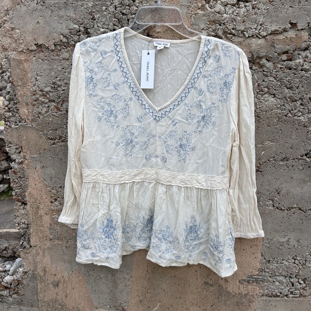 Tribal Jeans Womens Boho Embroidered Tunic Sz M Peasant Fairy Whimsical Cottage